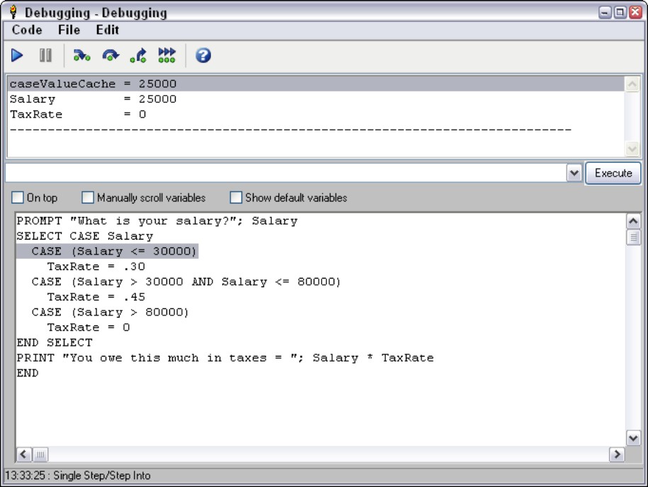 Figure 4-5: Stepping through a program, line by line, can help you find errors or bugs in your program.